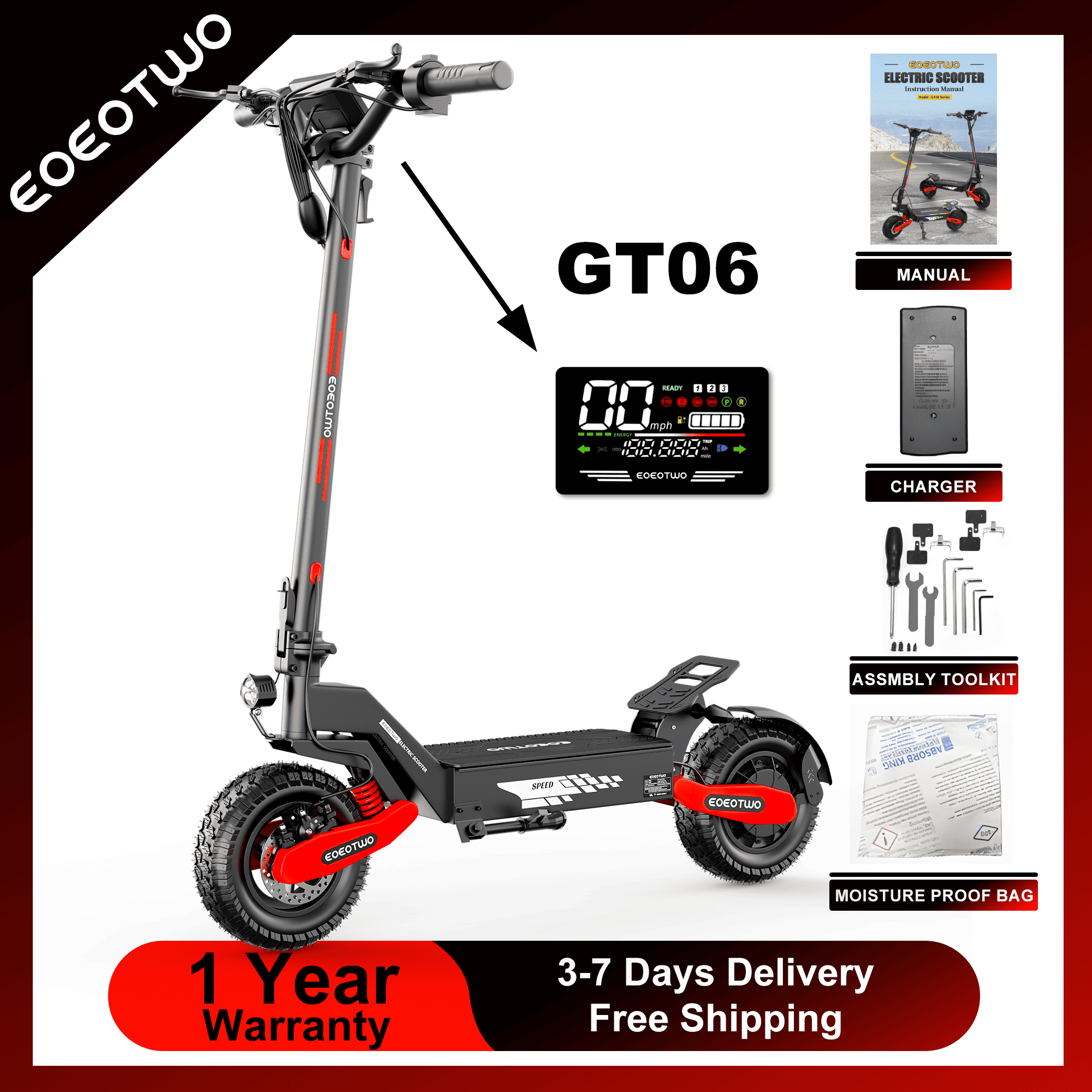 Dual Motor Ebike Kit 2000W - EOEOTWO GT06 大人用電動スクーター。1200Wモーター搭載、最高速度30マイル（約48km）、航続距離20/40マイル（約32/64km）、11インチのオフロード用チューブレスタイヤ、デュアルサスペンション、デュアルディスクブレーキ、折りたたみ式で通勤に最適な電動スクーター。